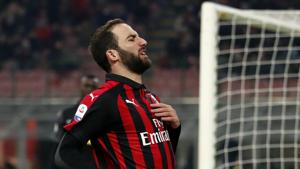 AC Milan's Gonzalo Higuain reacts after a missed chance to score during a Serie A match.(AP) AC Milan's Gonzalo Higuain reacts after a missed chance to score during a Serie A match.(AP)