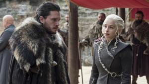 This image released by HBO shows Kit Harington, left, and Emilia Clarke on the season finale of Game of Thrones.(AP)