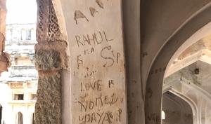 Graffiti on the walls of the Octagonal Royal Ladies’ bath at Hampi(Shekhar Gupta) Graffiti on the walls of the Octagonal Royal Ladies’ bath at Hampi(Shekhar Gupta)