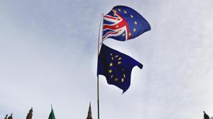 A Pro-European demonstrator raises flags to protest outside parliament in London on January 11.(AP Photo) A Pro-European demonstrator raises flags to protest outside parliament in London on January 11.(AP Photo)