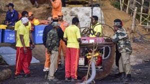 Rescue personnel conduct rescue task at the site of the coal mine collapse at Ksan, in Jaintia Hills district of Meghalaya.(PTI) Rescue personnel conduct rescue task at the site of the coal mine collapse at Ksan, in Jaintia Hills district of Meghalaya.(PTI)