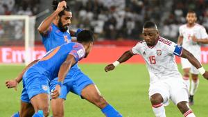 Representative Image: United Arab Emirates' midfielder Ismail Al Hamadi (R) is marked by India's defender Sandesh Jhingan (C) during the 2019 AFC Asian Cup group A football match between India and UAE.(AFP) Representative Image: United Arab Emirates' midfielder Ismail Al Hamadi (R) is marked by India's defender Sandesh Jhingan (C) during the 2019 AFC Asian Cup group A football match between India and UAE.(AFP)