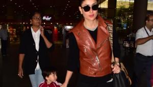 Kareena Kapoor at Mumbai airport with son, Taimur Ali Khan.(Viral Bhayani) Kareena Kapoor at Mumbai airport with son, Taimur Ali Khan.(Viral Bhayani)
