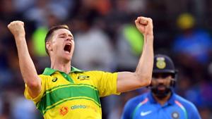 Australia's Jason Behrendorff (L) celebrates taking the wicket of India's Mahendra Singh Dhoni (not in picture) during first one-day international (ODI) match between Australia and India at the Sydney Cricket Ground.(AFP) Australia's Jason Behrendorff (L) celebrates taking the wicket of India's Mahendra Singh Dhoni (not in picture) during first one-day international (ODI) match between Australia and India at the Sydney Cricket Ground.(AFP)