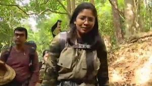 K Dhanya Sanal, spokesperson of the Defence Ministry in Thiruvananthapuram, becomes first woman trekking to Agasthyarkoodam peak after high court order.(ANI Photo/Twitter) K Dhanya Sanal, spokesperson of the Defence Ministry in Thiruvananthapuram, becomes first woman trekking to Agasthyarkoodam peak after high court order.(ANI Photo/Twitter)
