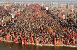 Seers, saints and Naga sadhus taking the ‘shahi snan’ in the Sangam on Makar Sakranti when the Kumbha Mela 2019 began(UP Information Department) Seers, saints and Naga sadhus taking the ‘shahi snan’ in the Sangam on Makar Sakranti when the Kumbha Mela 2019 began(UP Information Department)