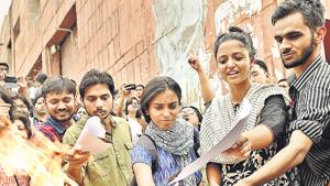 Kanhaiya Kumar, Umar Khalid and Shehla Rashid and other students during a protest event in April 2016.(HT File Photo) Kanhaiya Kumar, Umar Khalid and Shehla Rashid and other students during a protest event in April 2016.(HT File Photo)