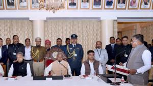 Rajasthan Governor Kalyan Singh administering oath to Gulab Chand Kataria as Protem speaker of the assembly in the presence of chief minister Ashok Gehlot, deputy CM Sachin Pilot and others, on Monday, January 14, 2019. Rajasthan Governor Kalyan Singh administering oath to Gulab Chand Kataria as Protem speaker of the assembly in the presence of chief minister Ashok Gehlot, deputy CM Sachin Pilot and others, on Monday, January 14, 2019.