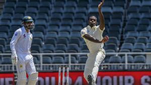 South Africa's bowler Kagiso Rabada in action against Pakistan.(AP) South Africa's bowler Kagiso Rabada in action against Pakistan.(AP)