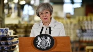 British Prime Minister Theresa May delivers a speech during a visit to the Portmeirion factory in Stoke-on-Trent, Britain January 14, 2019.(REUTERS) British Prime Minister Theresa May delivers a speech during a visit to the Portmeirion factory in Stoke-on-Trent, Britain January 14, 2019.(REUTERS)