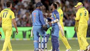 MS Dhoni and teammate Dinesh Karthik celebrate their win over Australia.(AP) MS Dhoni and teammate Dinesh Karthik celebrate their win over Australia.(AP)