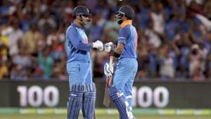 India's Virat Kohli celebrates his 100 against Australia with teammate MS Dhoni during their one day international cricket match in Adelaide, Australia, Tuesday, Jan. 15, 2019.(AP) India's Virat Kohli celebrates his 100 against Australia with teammate MS Dhoni during their one day international cricket match in Adelaide, Australia, Tuesday, Jan. 15, 2019.(AP)