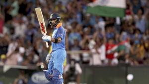 India's Virhat Kohli celebrates his 100 against Australia during their one day international cricket match in Adelaide, Australia, Tuesday, Jan. 15, 2019. (AP Photo/James Elsby)(AP) India's Virhat Kohli celebrates his 100 against Australia during their one day international cricket match in Adelaide, Australia, Tuesday, Jan. 15, 2019. (AP Photo/James Elsby)(AP)