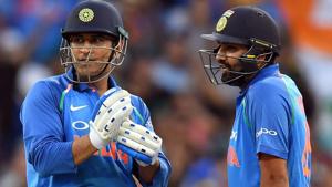 MS Dhoni (L) and Rohit Sharma talks during their partnership.(AFP) MS Dhoni (L) and Rohit Sharma talks during their partnership.(AFP)