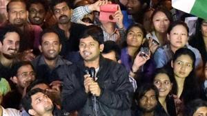 Former JNUSU president Kanhaiya Kumar (seen holding mike) and ninep others have been charged with sedition for shouting ‘anti-India slogans’ during an event in February, 2016.(PTI File) Former JNUSU president Kanhaiya Kumar (seen holding mike) and ninep others have been charged with sedition for shouting ‘anti-India slogans’ during an event in February, 2016.(PTI File)
