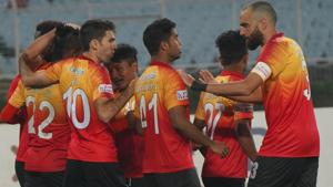 East Bengal players celebrate after scoring against Indian Arrows.(AIFF)