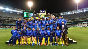 Indian cricket team members pose with the Border–Gavaskar Trophy during their one day international cricket match against Australia in Melbourne, Australia, Friday, Jan. 18, 2019.(AP) Indian cricket team members pose with the Border–Gavaskar Trophy during their one day international cricket match against Australia in Melbourne, Australia, Friday, Jan. 18, 2019.(AP)