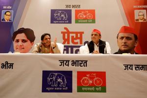 The Bahujan Samaj Party chief Mayawati and theSamajwadi Party chief Akhilesh Yadav during a press conference to announce their alliance for the 2019 general election, Lucknow, January 12(REUTERS) The Bahujan Samaj Party chief Mayawati and theSamajwadi Party chief Akhilesh Yadav during a press conference to announce their alliance for the 2019 general election, Lucknow, January 12(REUTERS)