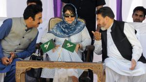 Jammu and Kashmir’s then Chief Minister Mehbooba Mufti flanked by Finance Minister Altaf Bukhari (right) and PDP General Secretary Peer Mansoor during a party worker's rally, in Srinagar, on Sunday, June 03, 2018. Bukhari was expelled from the PDP on Saturday, January 19, 2019, for ‘anti-party activity’ (File Photo)(PTI) Jammu and Kashmir’s then Chief Minister Mehbooba Mufti flanked by Finance Minister Altaf Bukhari (right) and PDP General Secretary Peer Mansoor during a party worker's rally, in Srinagar, on Sunday, June 03, 2018. Bukhari was expelled from the PDP on Saturday, January 19, 2019, for ‘anti-party activity’ (File Photo)(PTI)