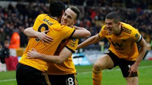 Wolverhampton Wanderers' Diogo Jota celebrates with Raul Jimenez and Conor Coady after scoring their fourth goal.(Action Images via Reuters) Wolverhampton Wanderers' Diogo Jota celebrates with Raul Jimenez and Conor Coady after scoring their fourth goal.(Action Images via Reuters)