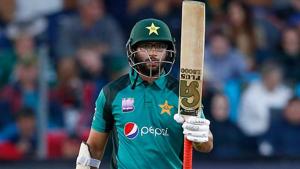Pakistan batsman Imam Ul-Haq raises his bat as he celebrates scoring half century during the first One Day International (ODI) match against South Africa.(AFP) Pakistan batsman Imam Ul-Haq raises his bat as he celebrates scoring half century during the first One Day International (ODI) match against South Africa.(AFP)