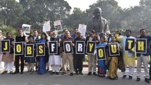 TMC MPs display placards demanding 'Jobs for Youth’ during the Winter Session of Parliament, in New Delhi on December 18.(Sanjeev Verma/HT PHOTO) TMC MPs display placards demanding 'Jobs for Youth’ during the Winter Session of Parliament, in New Delhi on December 18.(Sanjeev Verma/HT PHOTO)