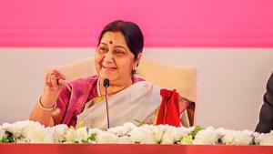 Varanasi: External Affairs Minister Sushma Swaraj, Uttar Pradesh Chief Minister Yogi Adityanath and others during the inauguration ceremony of 15th edition of the Pravasi Bhartiya Divas (PBD) at Deen Dayal Trade Facilitation Centre, in Varanasi, Monday, Jan. 21, 2019. (MEA Photo via PTI).(PTI) Varanasi: External Affairs Minister Sushma Swaraj, Uttar Pradesh Chief Minister Yogi Adityanath and others during the inauguration ceremony of 15th edition of the Pravasi Bhartiya Divas (PBD) at Deen Dayal Trade Facilitation Centre, in Varanasi, Monday, Jan. 21, 2019. (MEA Photo via PTI).(PTI)