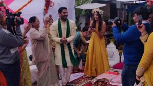 Prateik Babbar and Sanya Sagar during a ceremony before their wedding in Lucknow.(HT PHOTO) Prateik Babbar and Sanya Sagar during a ceremony before their wedding in Lucknow.(HT PHOTO)
