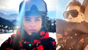 Karan Johar wore a floral-filled Moncler jacket reminiscent of Priyanka Chopra’s Switzerland vacation look. (Instagram) Karan Johar wore a floral-filled Moncler jacket reminiscent of Priyanka Chopra’s Switzerland vacation look. (Instagram)