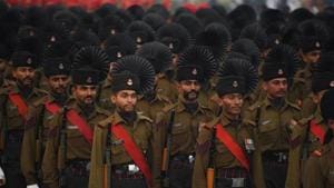 New Delhi, India - Jan. 21, 2019: Army personnel during the rehearsals ahead of the Republic Day parade 2019, at Vijay Chowk in New Delhi, India, on Monday, January 21, 2019. (Photo by Raj K Raj/ Hindustan Times)(Raj K Raj/HT PHOTO) New Delhi, India - Jan. 21, 2019: Army personnel during the rehearsals ahead of the Republic Day parade 2019, at Vijay Chowk in New Delhi, India, on Monday, January 21, 2019. (Photo by Raj K Raj/ Hindustan Times)(Raj K Raj/HT PHOTO)