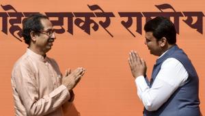 Maharashtra CM Devendra Fadnavis (right) greets Shiv Sena Chief Uddhav Thackeray at an event in Dadar, on Wednesday.(Kunal Patil/HT Photo) Maharashtra CM Devendra Fadnavis (right) greets Shiv Sena Chief Uddhav Thackeray at an event in Dadar, on Wednesday.(Kunal Patil/HT Photo)