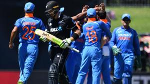 Martin Guptill (front) walks off after being dismissed during the first ODI encounter in Napier.(AFP)