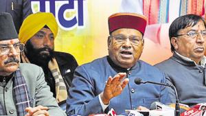 Union minister of social justice and empowerment Thawar Chand Gehlot (2nd from right) addresses a press conference at BJP office in Dehradun on Thursday.(HT Photo)