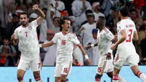 United Arab Emirates' forward Ali Mabkhout (L) celebrates his opening goal during the 2019 AFC Asian Cup quarter-final football match between UAE and Australia at Hazaa bin Zayed Stadium in Al-Ain.(AFP) United Arab Emirates' forward Ali Mabkhout (L) celebrates his opening goal during the 2019 AFC Asian Cup quarter-final football match between UAE and Australia at Hazaa bin Zayed Stadium in Al-Ain.(AFP)