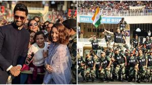 Vicky Kaushal, Yami Gautam and Varun Dhawan at Wagah border on Republic Day.(Instagram) Vicky Kaushal, Yami Gautam and Varun Dhawan at Wagah border on Republic Day.(Instagram)