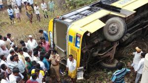 At least 15 students were injured, two seriously, in Andhra Pradesh’s Guntur district on Monday after their school bus turned turtle, news agency ANI reported.(ANI Photo/Twitter) At least 15 students were injured, two seriously, in Andhra Pradesh’s Guntur district on Monday after their school bus turned turtle, news agency ANI reported.(ANI Photo/Twitter)