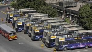 Mumbai, India - January 23, 2019: New Mumbai Darshan buses standing at Santacruz Bus Depot in Mumbai, India, on Wednesday, January 23, 2019. (Photo by Satish Bate/Hindustan Times)(Satish Bate/HT Photo) Mumbai, India - January 23, 2019: New Mumbai Darshan buses standing at Santacruz Bus Depot in Mumbai, India, on Wednesday, January 23, 2019. (Photo by Satish Bate/Hindustan Times)(Satish Bate/HT Photo)