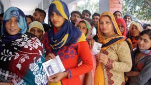 Despite the early morning chill, voters queued up at most polling stations, both in rural and urban areas, even before the voting exercise began at 7 am. It ended at 5 pm. Women turned out in strength in the rural areas.(PTI)