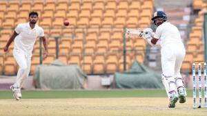 Bengaluru: Saurashtra batsman Cheteshwar Pujara plays a shot against Karnataka during the Ranji Trophy semifinal match in Bengaluru, Sunday, Jan 27, 2019. Pujara scored unbeaten 108 and his partner Sheldon Jackson unbeaten on 90 runs, partnership 201 runs Bangalore Ranji Match(PTI) Bengaluru: Saurashtra batsman Cheteshwar Pujara plays a shot against Karnataka during the Ranji Trophy semifinal match in Bengaluru, Sunday, Jan 27, 2019. Pujara scored unbeaten 108 and his partner Sheldon Jackson unbeaten on 90 runs, partnership 201 runs Bangalore Ranji Match(PTI)
