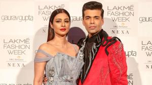 Lakmé Fashion Week 2019: Tabu looked ethereal in a grey off-shoulder gown, while Karan Johar was dressed in black and red. (All photos: Lakmé Fashion Week) Lakmé Fashion Week 2019: Tabu looked ethereal in a grey off-shoulder gown, while Karan Johar was dressed in black and red. (All photos: Lakmé Fashion Week)