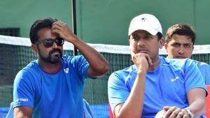 India's non-playing captain for Davis Cup Mahesh Bhupathi (R) and Leander Paes look-on during the first singles match of the Asia Oceania Group 1 tie against Uzbekistan at KSLTA in Bengaluru on Friday.(PTI) India's non-playing captain for Davis Cup Mahesh Bhupathi (R) and Leander Paes look-on during the first singles match of the Asia Oceania Group 1 tie against Uzbekistan at KSLTA in Bengaluru on Friday.(PTI)