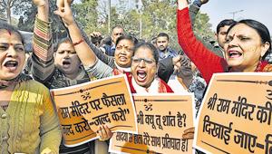 Activists and members of various Hindu groups demand the construction of the Ram Temple, near Supreme Court, in New Delhi on Thursday, January 10, 2019(Burhaan Kinu/HT PHOTO) Activists and members of various Hindu groups demand the construction of the Ram Temple, near Supreme Court, in New Delhi on Thursday, January 10, 2019(Burhaan Kinu/HT PHOTO)