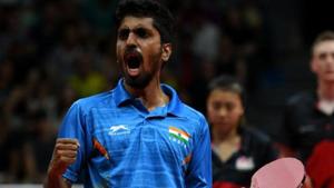 India's Sathiyan Gnanasekaran reacts after winning a match.(AFP) India's Sathiyan Gnanasekaran reacts after winning a match.(AFP)