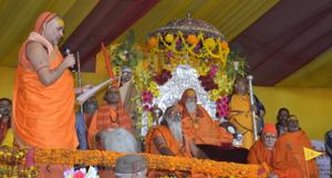 Swami Avimukhteshwaranand reading out the ‘Param Dharmadesh’ (decree) before the Shankaracharya on the concluding day of the ‘Param Dharam Sansad’ in Prayagraj.(HT Photo) Swami Avimukhteshwaranand reading out the ‘Param Dharmadesh’ (decree) before the Shankaracharya on the concluding day of the ‘Param Dharam Sansad’ in Prayagraj.(HT Photo)