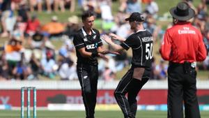 Trent Boult (left) celebrates the fall of an India wicket in Hamilton on Thursday.(AFP) Trent Boult (left) celebrates the fall of an India wicket in Hamilton on Thursday.(AFP)