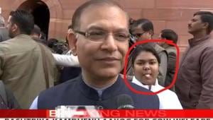 The viral video and image are of a moment when Sinha was commenting on finance minister Piyush Goyal’s interim budget outside Parliament. Photo: Twitter/@DevjyotGhoshal The viral video and image are of a moment when Sinha was commenting on finance minister Piyush Goyal’s interim budget outside Parliament. Photo: Twitter/@DevjyotGhoshal