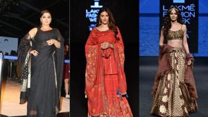 Vidya Balan, Nupur Sanon and Kriti Kharbanda at Lakme Fashion Week.(Varinder Chawla.) Vidya Balan, Nupur Sanon and Kriti Kharbanda at Lakme Fashion Week.(Varinder Chawla.)