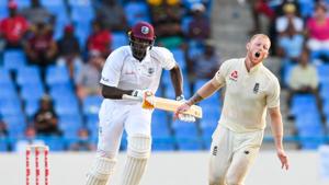 Jason Holder (left) will look to add to England’s misery on the third day at the Vivian Richards Cricket Stadium in North Sound.(AFP) Jason Holder (left) will look to add to England’s misery on the third day at the Vivian Richards Cricket Stadium in North Sound.(AFP)