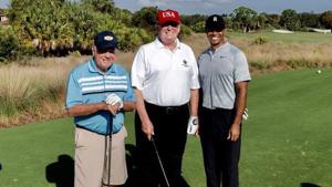 US president Donald Trump played golf Saturday in Florida with two of the game’s greatest champions, Jack Nicklaus and Tiger Woods.(Donald Trump/Twitter) US president Donald Trump played golf Saturday in Florida with two of the game’s greatest champions, Jack Nicklaus and Tiger Woods.(Donald Trump/Twitter)