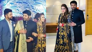 Kapil Sharma with wife Ginni Chatrath at his third wedding reception in Delhi.(Instagram) Kapil Sharma with wife Ginni Chatrath at his third wedding reception in Delhi.(Instagram)